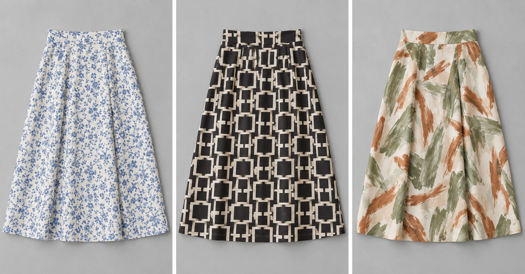 The same midi skirt designed with AI in three prints: a ditsy floral, a geometric and an abstract brushstroke