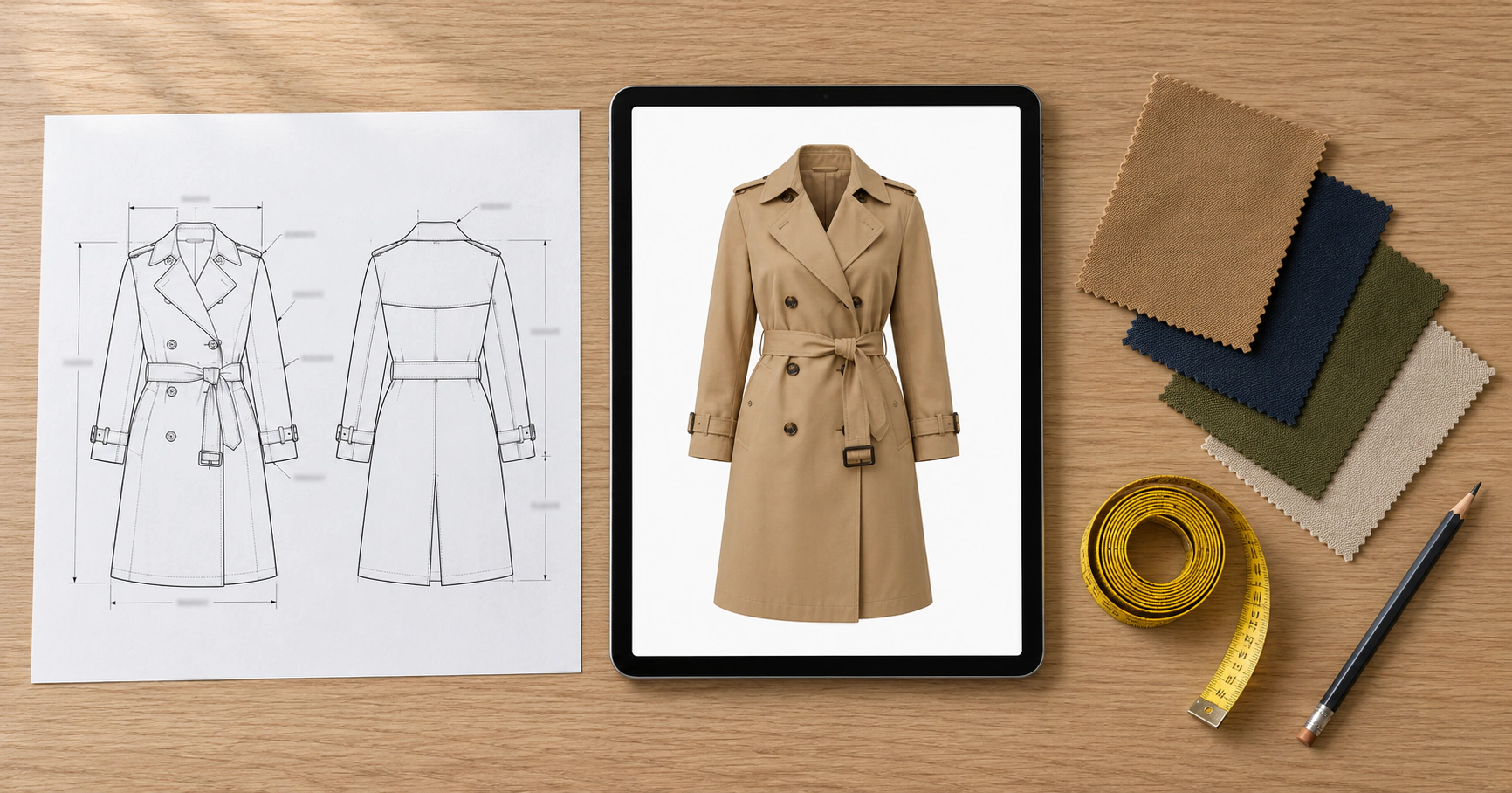 Technical flat drawing of a trench coat with fabric swatches and a tablet showing the AI-designed coat