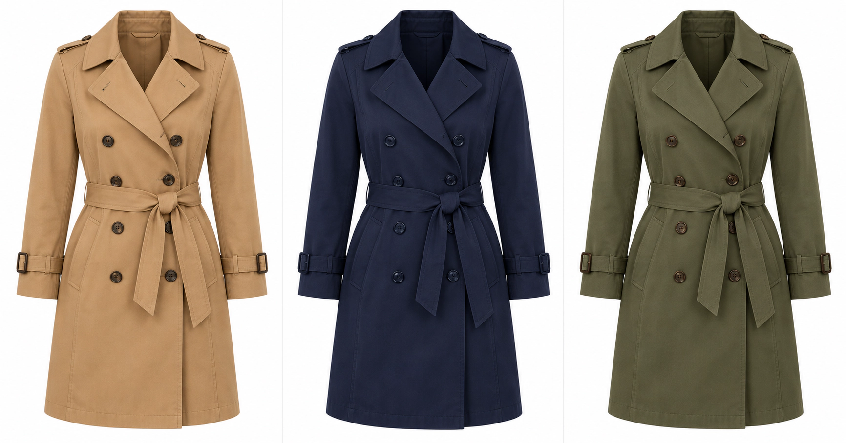 The same trench coat designed with AI in three colorways: camel, navy and olive