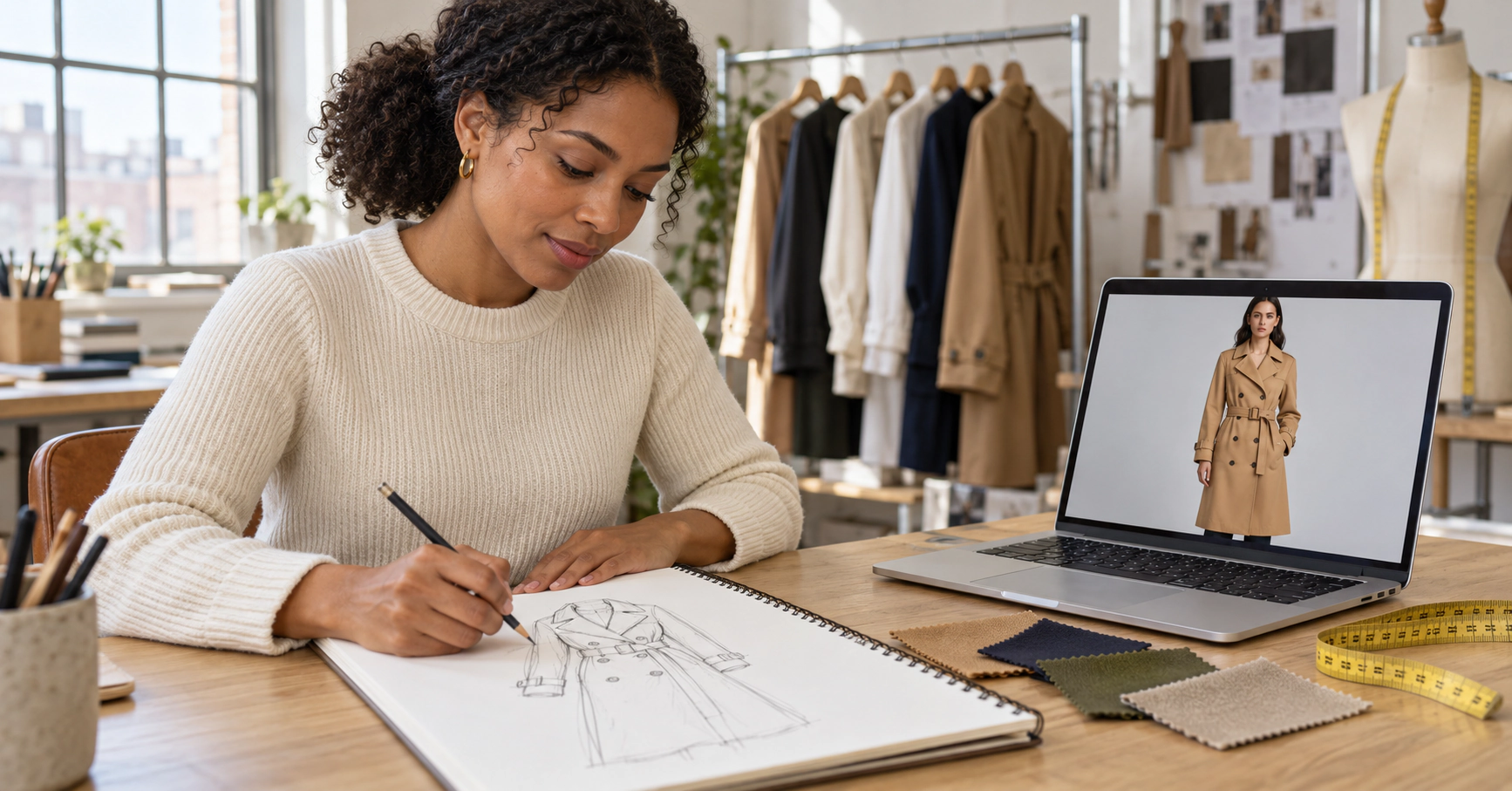 Fashion designer sketching a trench coat while a laptop shows the same coat designed with AI on a model