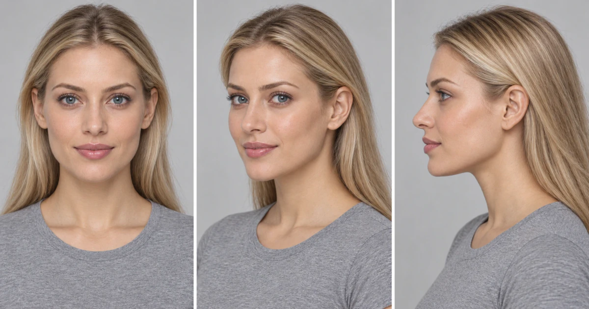 AI brand model reference sheet showing the same face from the front, three-quarter angle and side