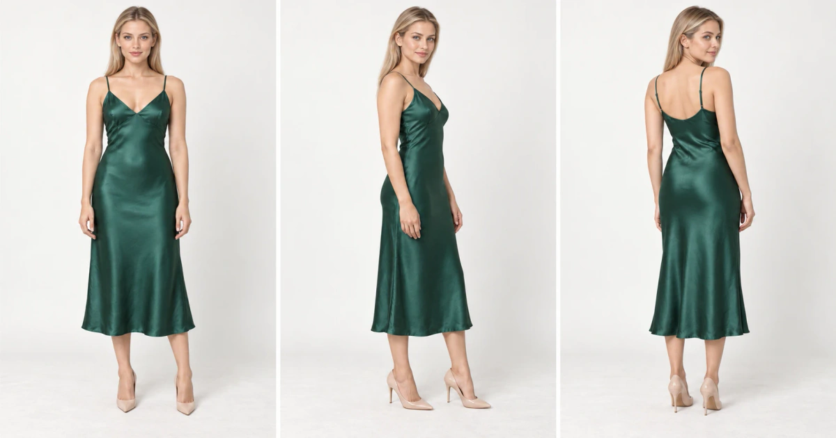 Catalog essential brand poses: front stand, three-quarter turn and back view of the same dress on one model