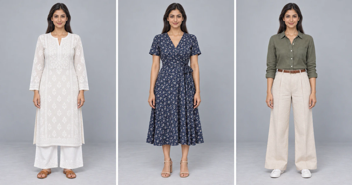 The same AI brand model wearing a kurta, a wrap dress and a linen shirt across three catalog photos