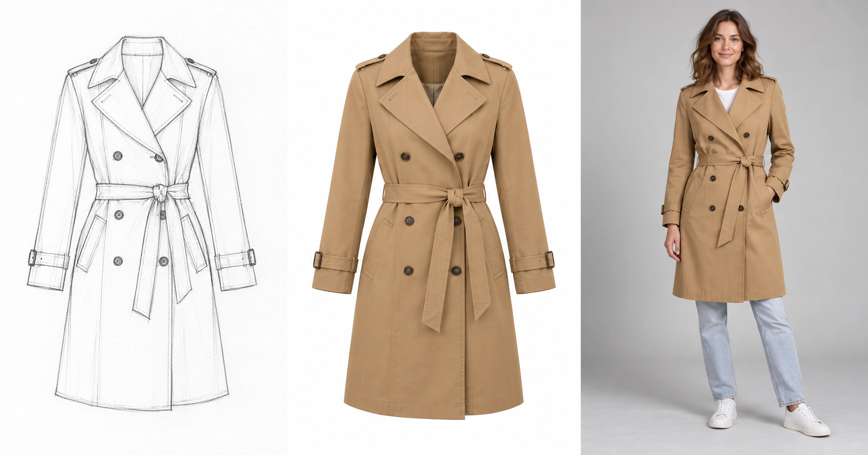 A trench coat designed with AI: pencil sketch, ghost mannequin render and the same coat on a model