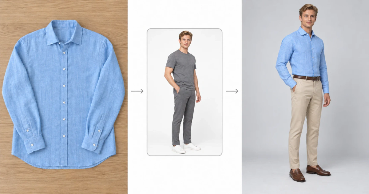 Flat lay of a shirt, a pose reference photo and the final AI model photo in the same pose
