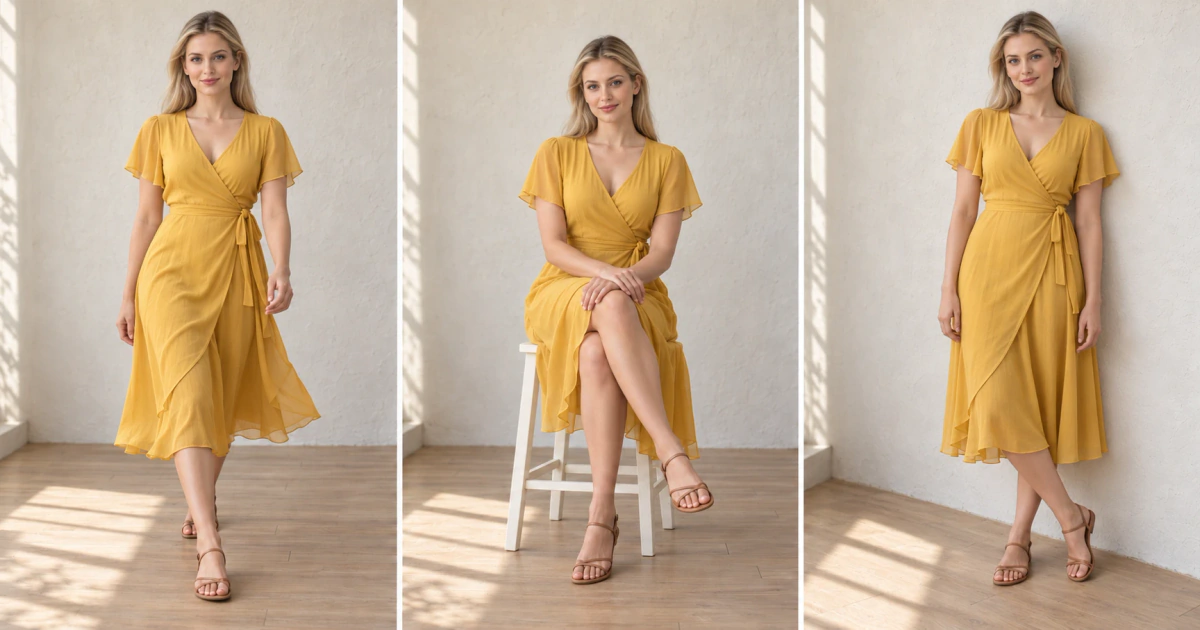 Movement and seated fashion poses: walking toward the camera, stool sit with crossed legs and a relaxed wall lean