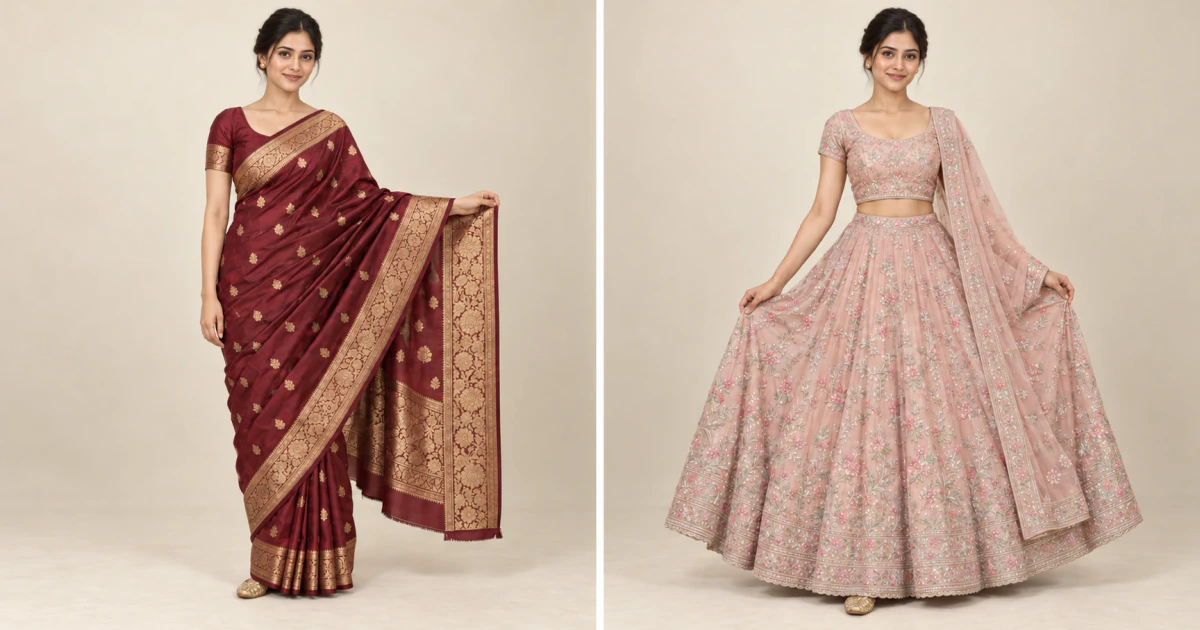 Saree pallu display pose and lehenga skirt spread pose for Indian ethnic wear