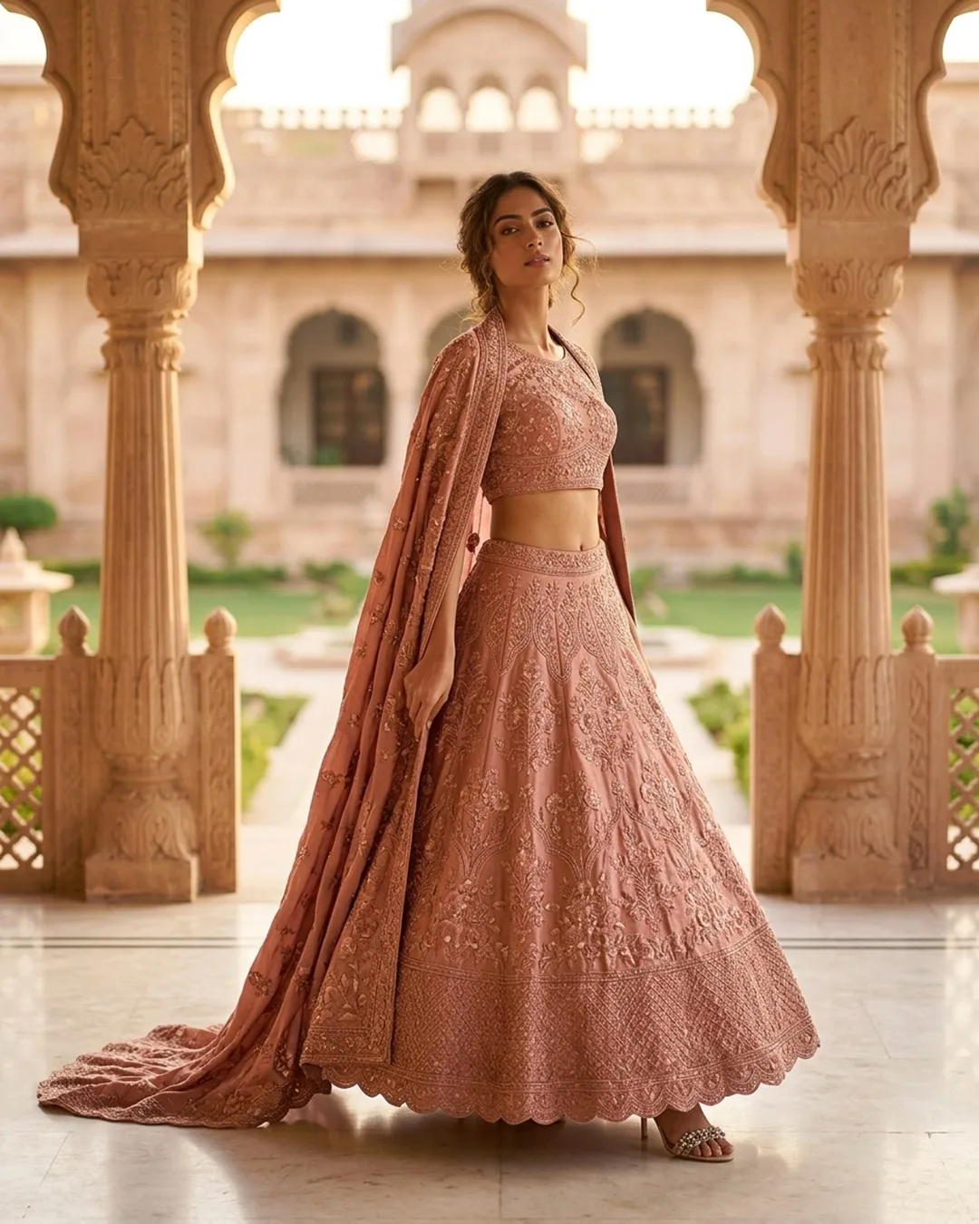 Dusty rose thread-work bridal lehenga with trail dupatta photographed on an AI model by ApparelAI Studio