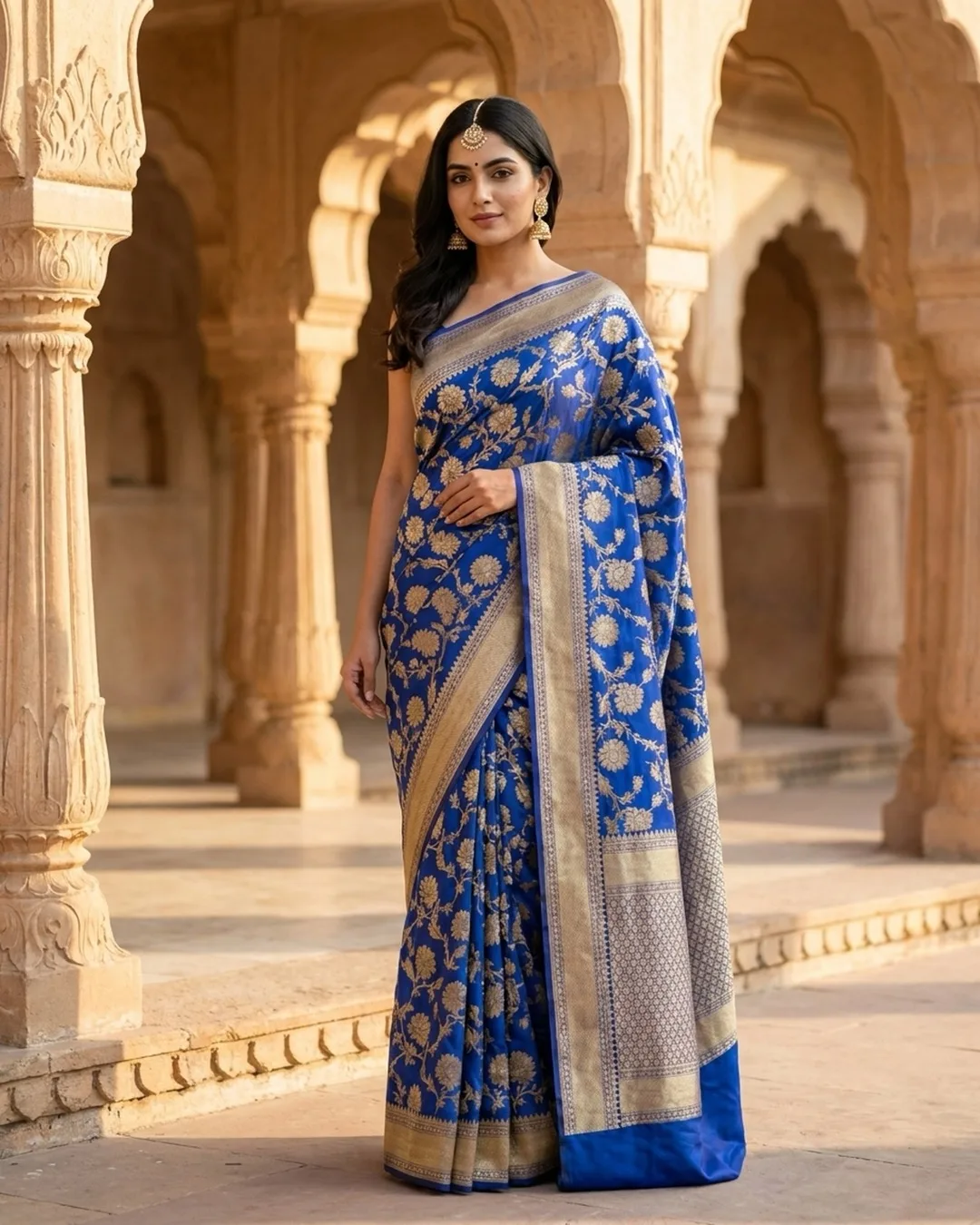 Royal blue Banarasi saree with all-over gold jaal weave photographed on an AI model by ApparelAI Studio