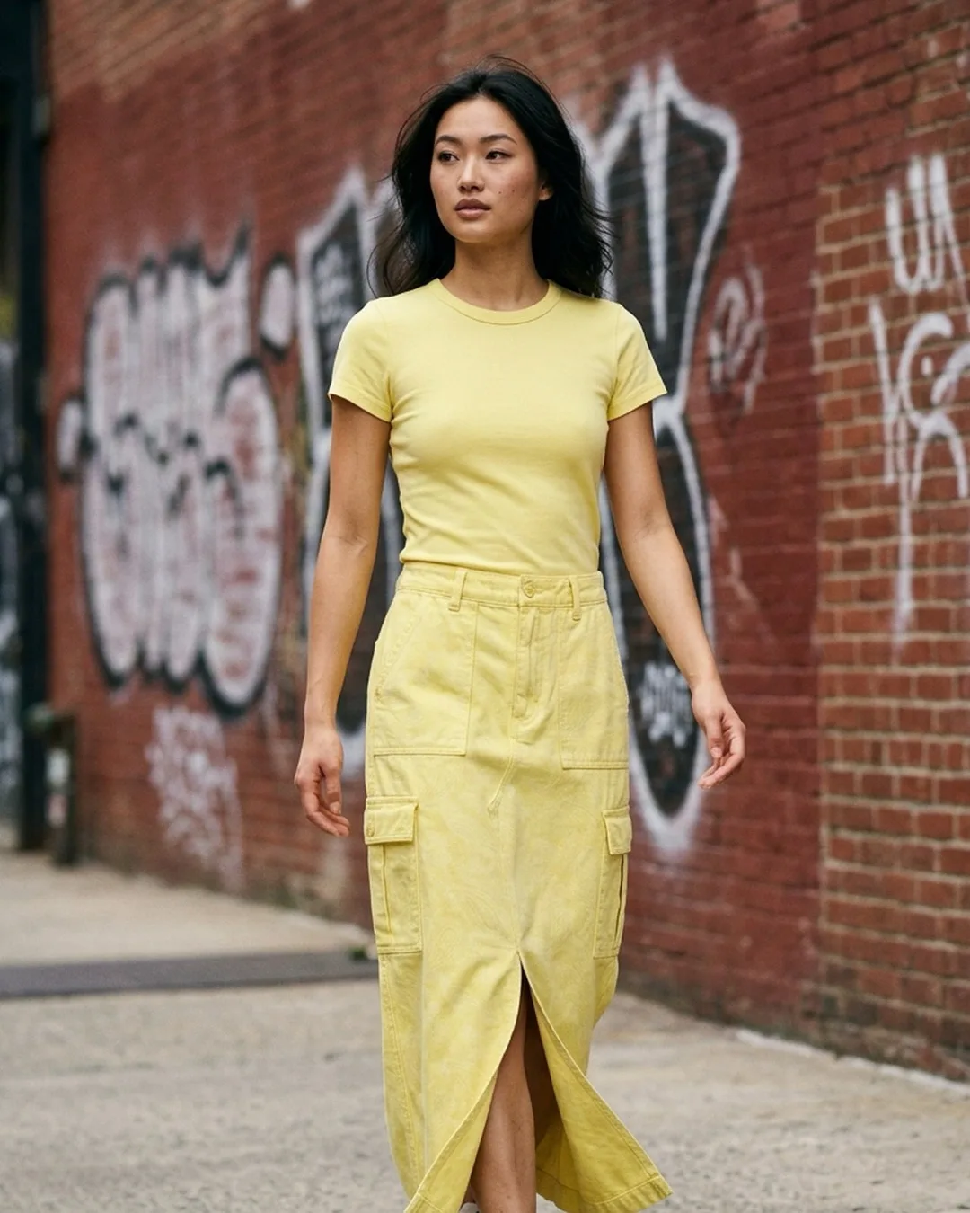Butter yellow tee with cargo denim maxi skirt photographed on an AI model by ApparelAI Studio