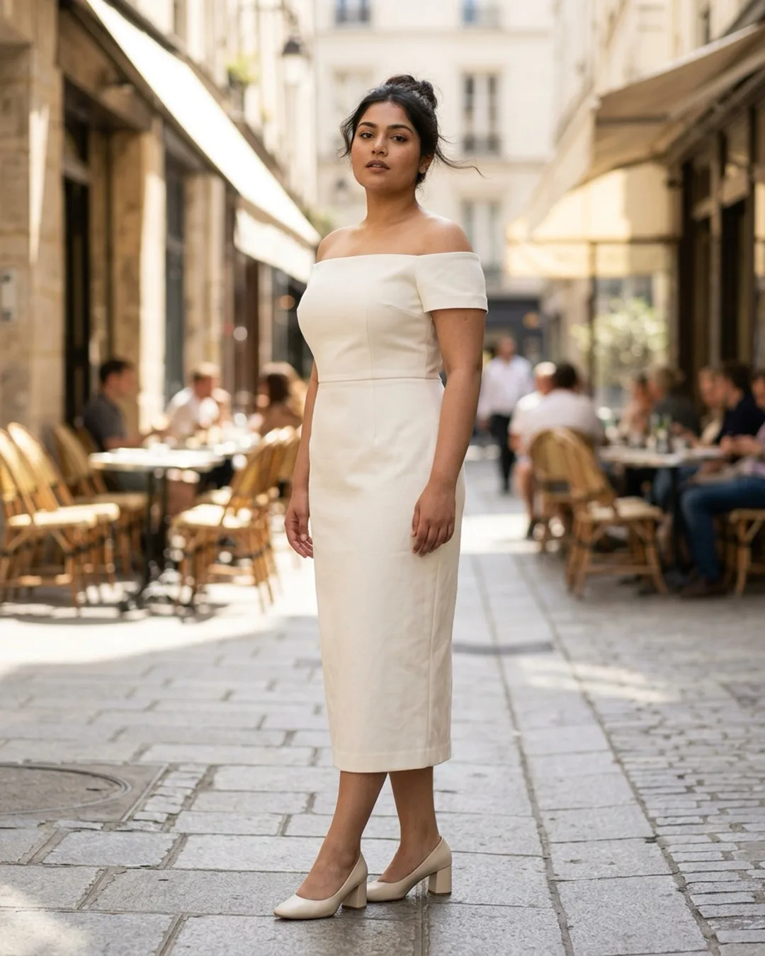 Cream off-shoulder midi dress photographed on an AI model by ApparelAI Studio