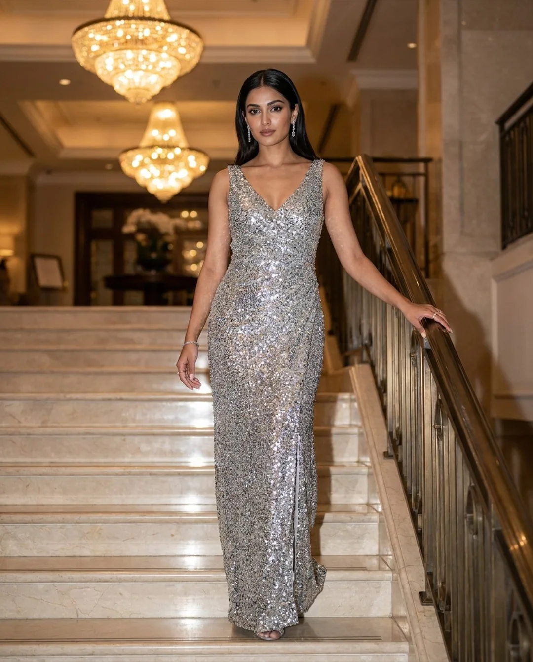 Silver sequin column gown with side slit photographed on an AI model by ApparelAI Studio