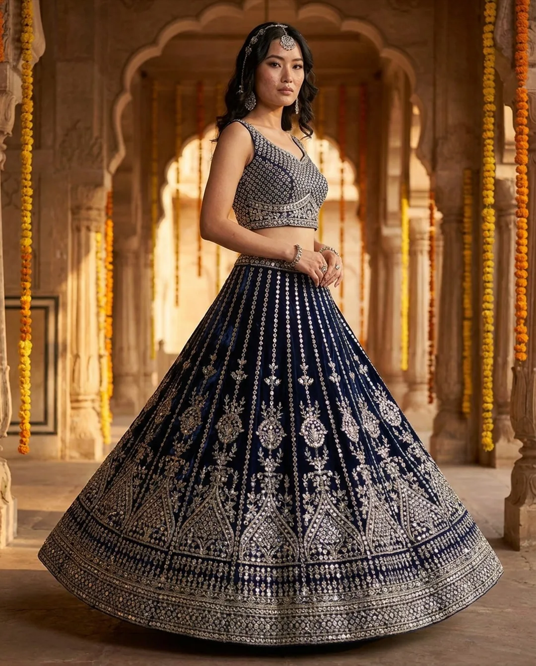 Navy velvet bridal lehenga with silver mirror-work photographed on an AI model by ApparelAI Studio