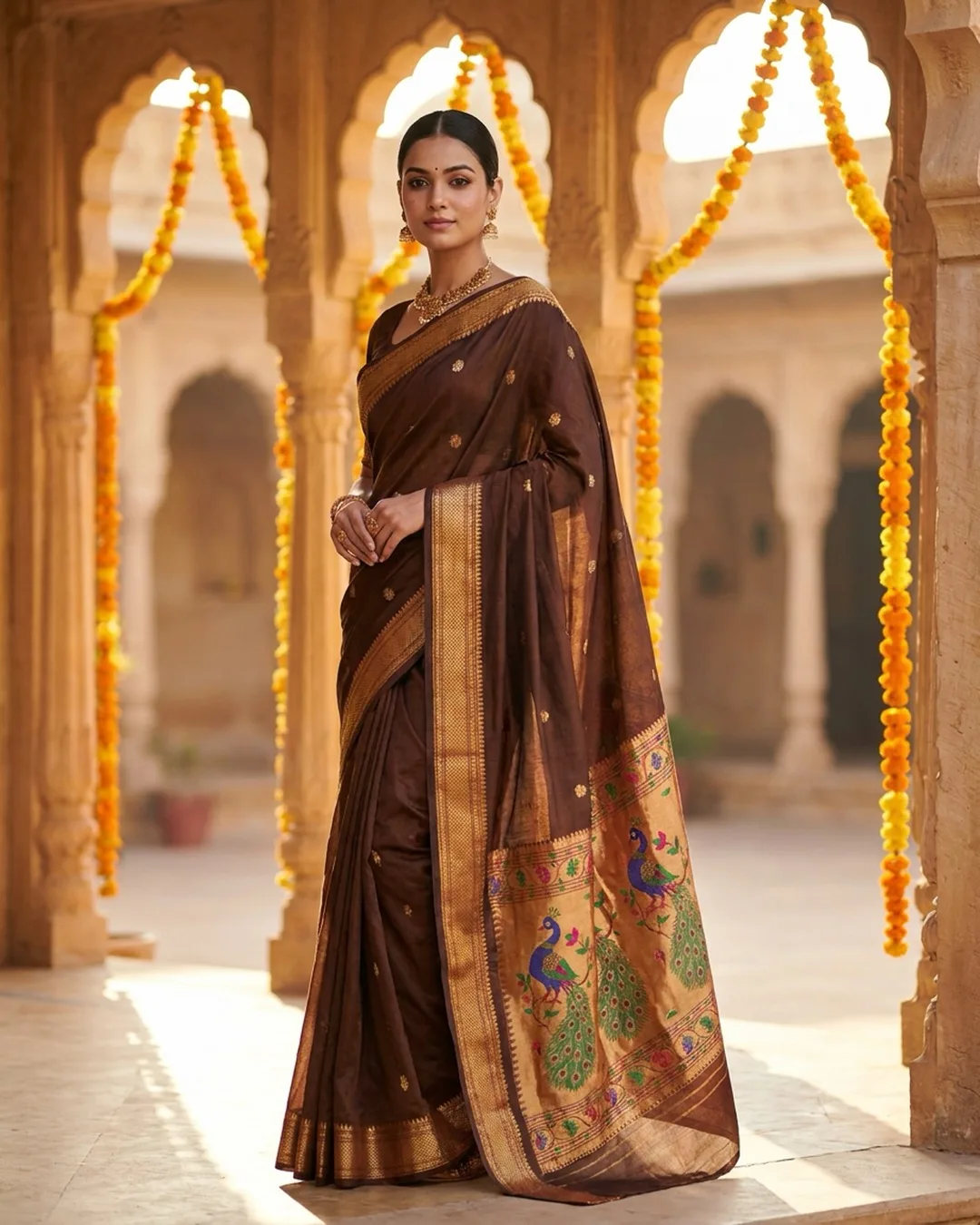 Chocolate Paithani silk saree with peacock-motif pallu photographed on an AI model by ApparelAI Studio