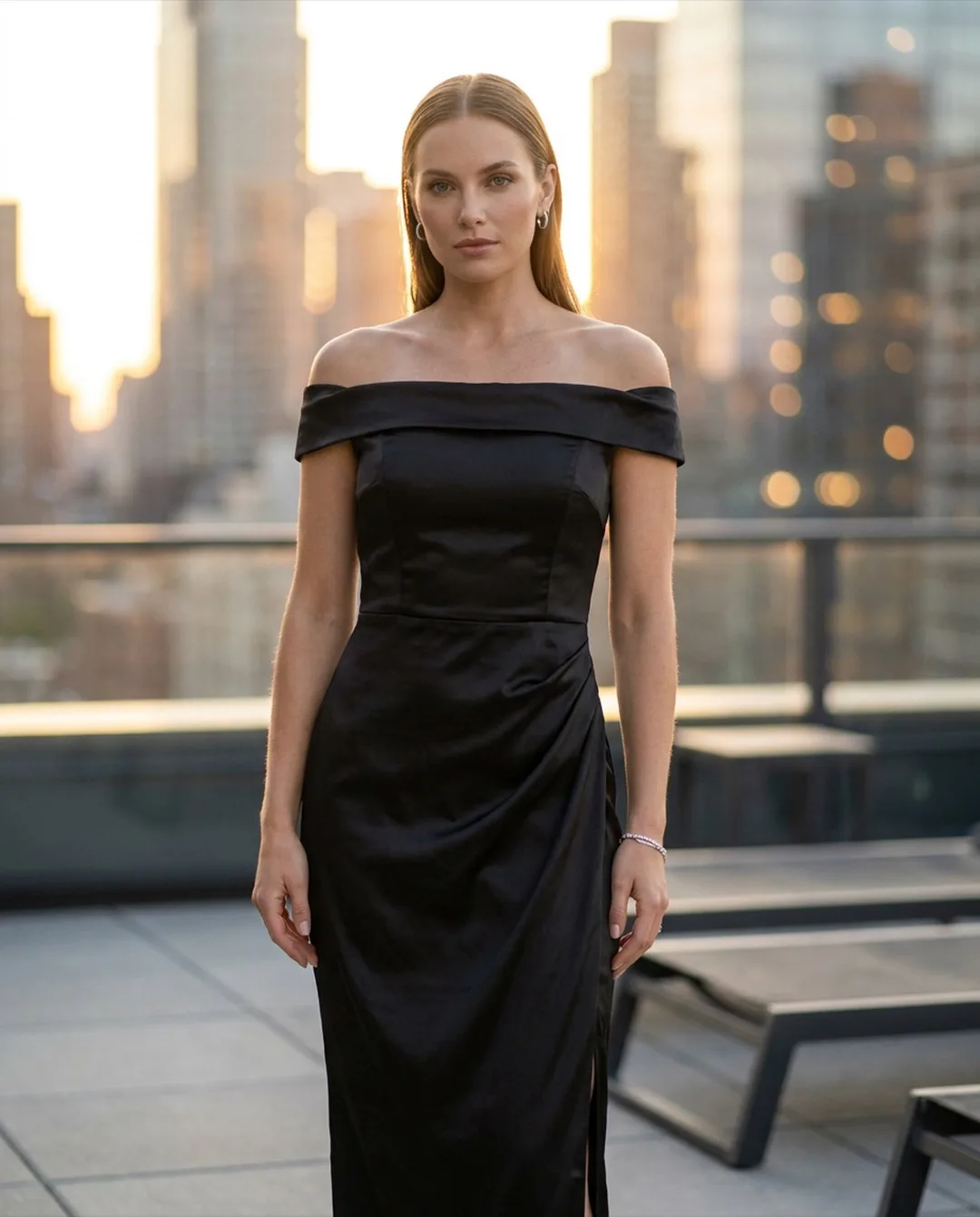 Black satin off-shoulder gown photographed on an AI model by ApparelAI Studio