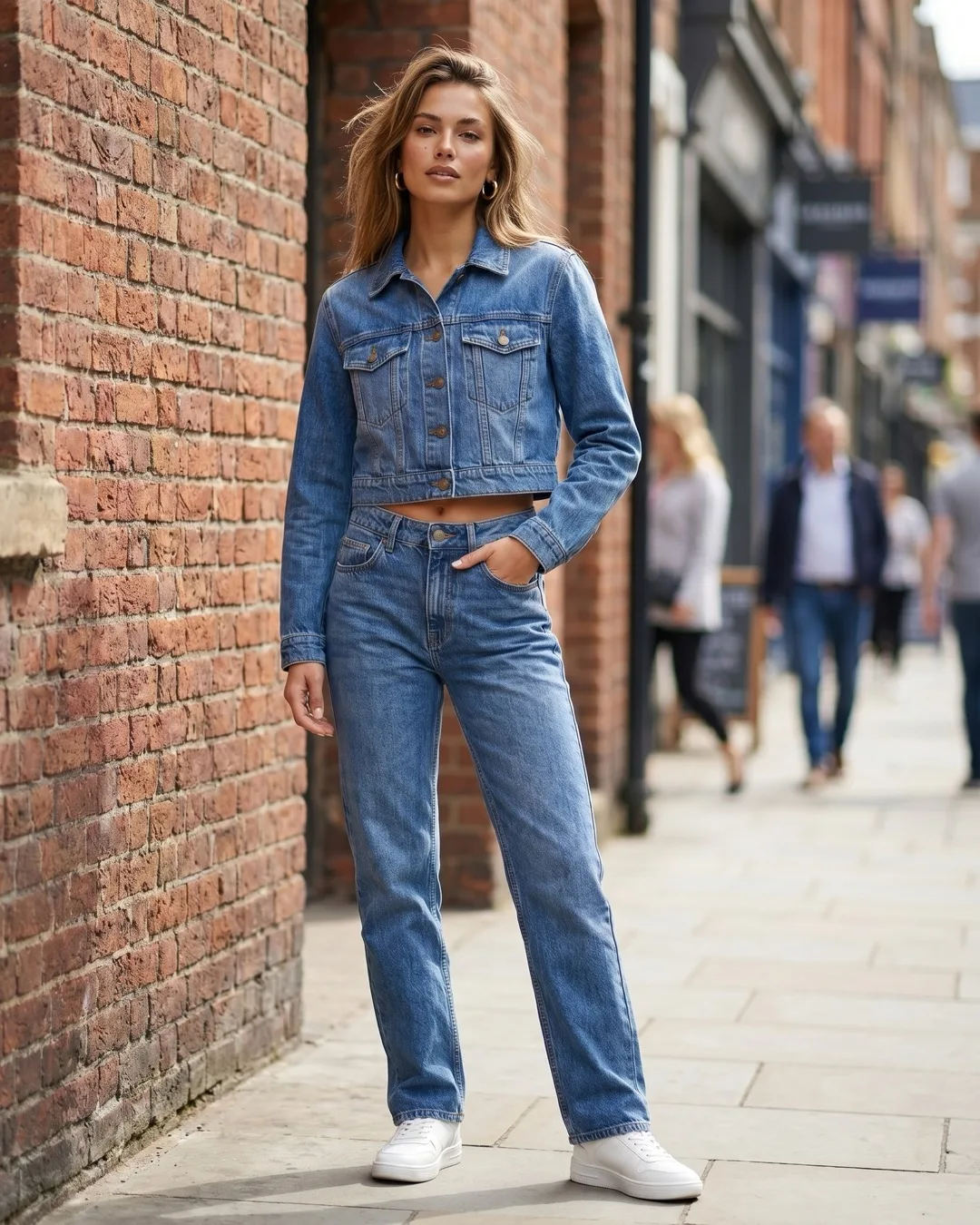 Cropped denim jacket with straight-leg jeans photographed on an AI model by ApparelAI Studio