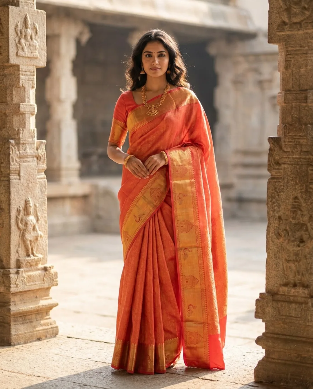Coral Kanjeevaram saree with gold temple-motif border photographed on an AI model by ApparelAI Studio
