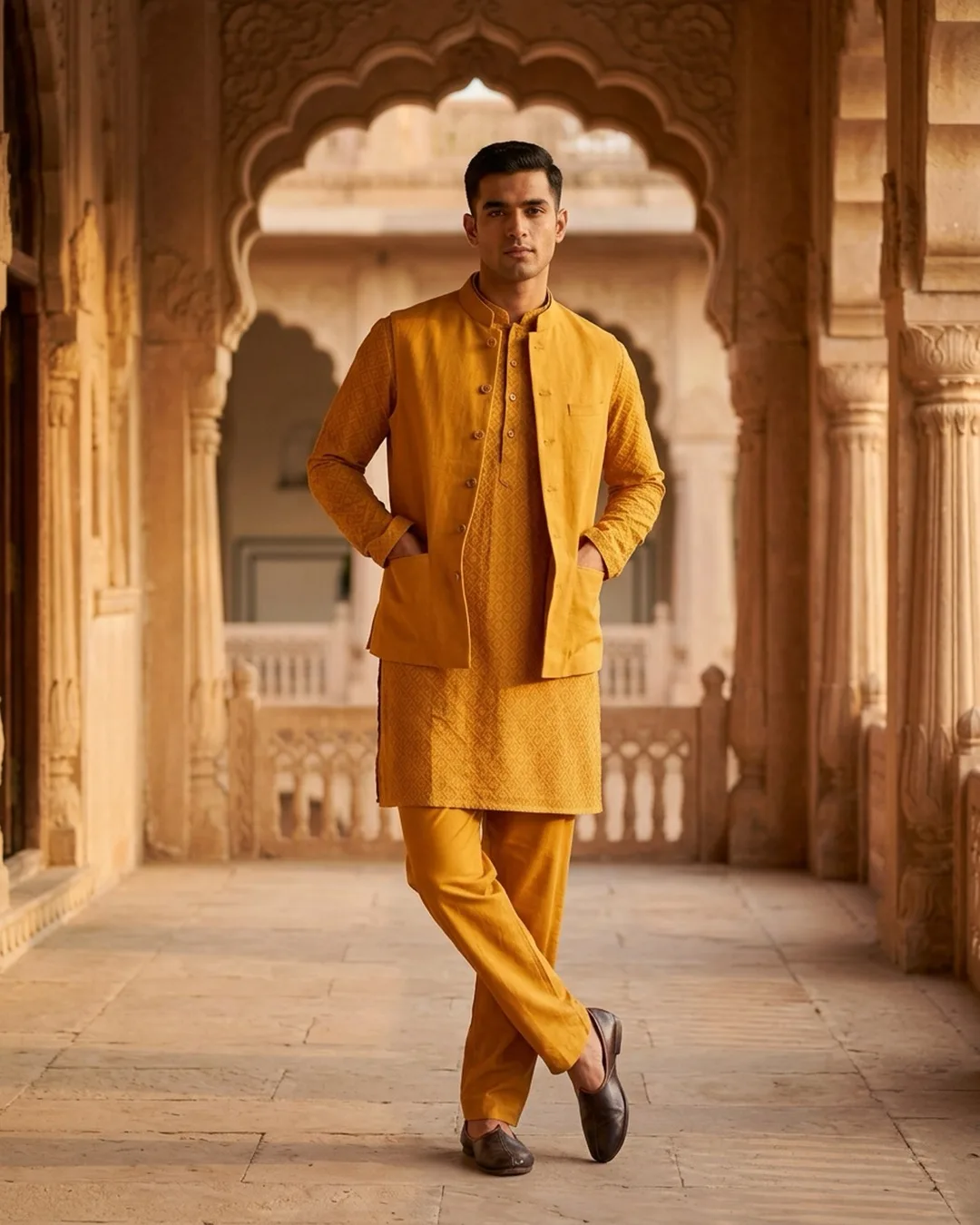 Marigold kurta set with Nehru jacket photographed on an AI model by ApparelAI Studio