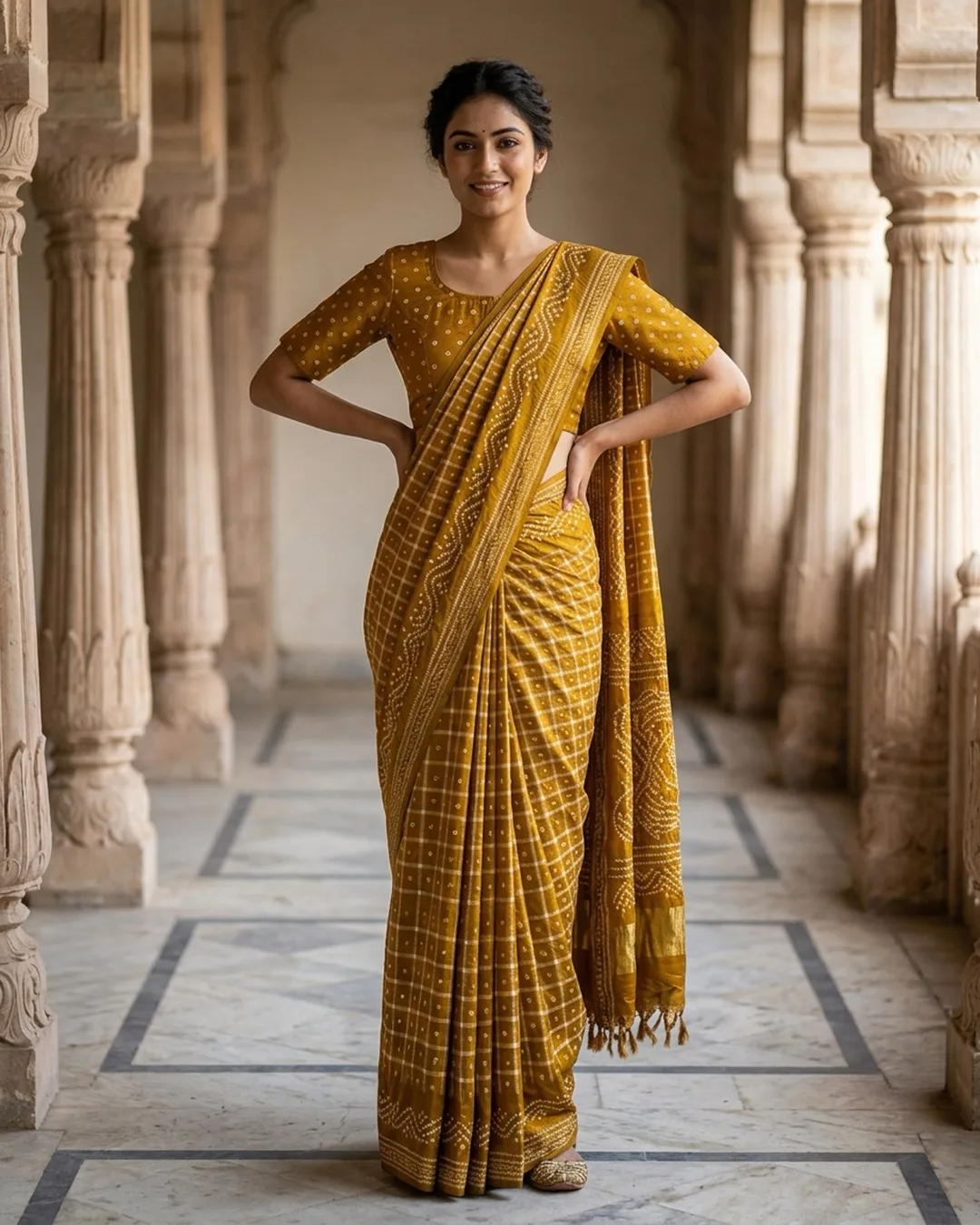Mustard bandhani cotton saree with checked weave photographed on an AI model by ApparelAI Studio