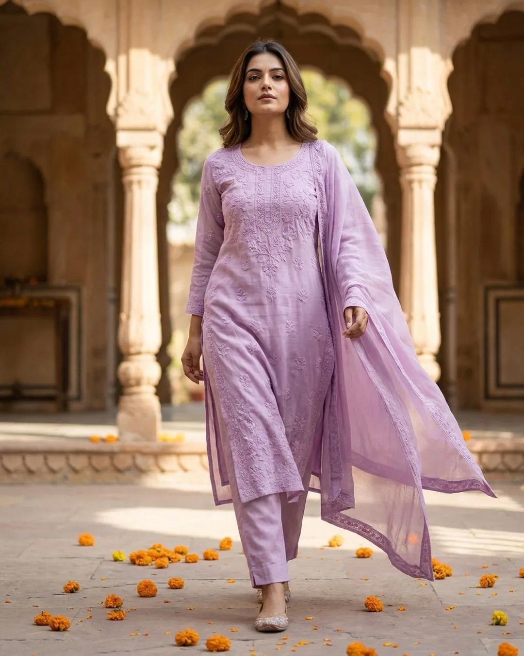 Lilac chikankari kurta set with chiffon dupatta photographed on an AI model by ApparelAI Studio
