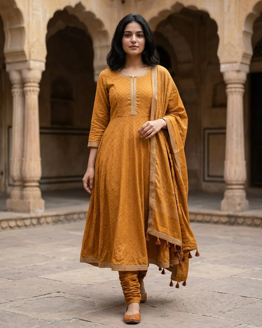 Mustard printed Anarkali kurta set with churidar and dupatta photographed on an AI model by ApparelAI Studio