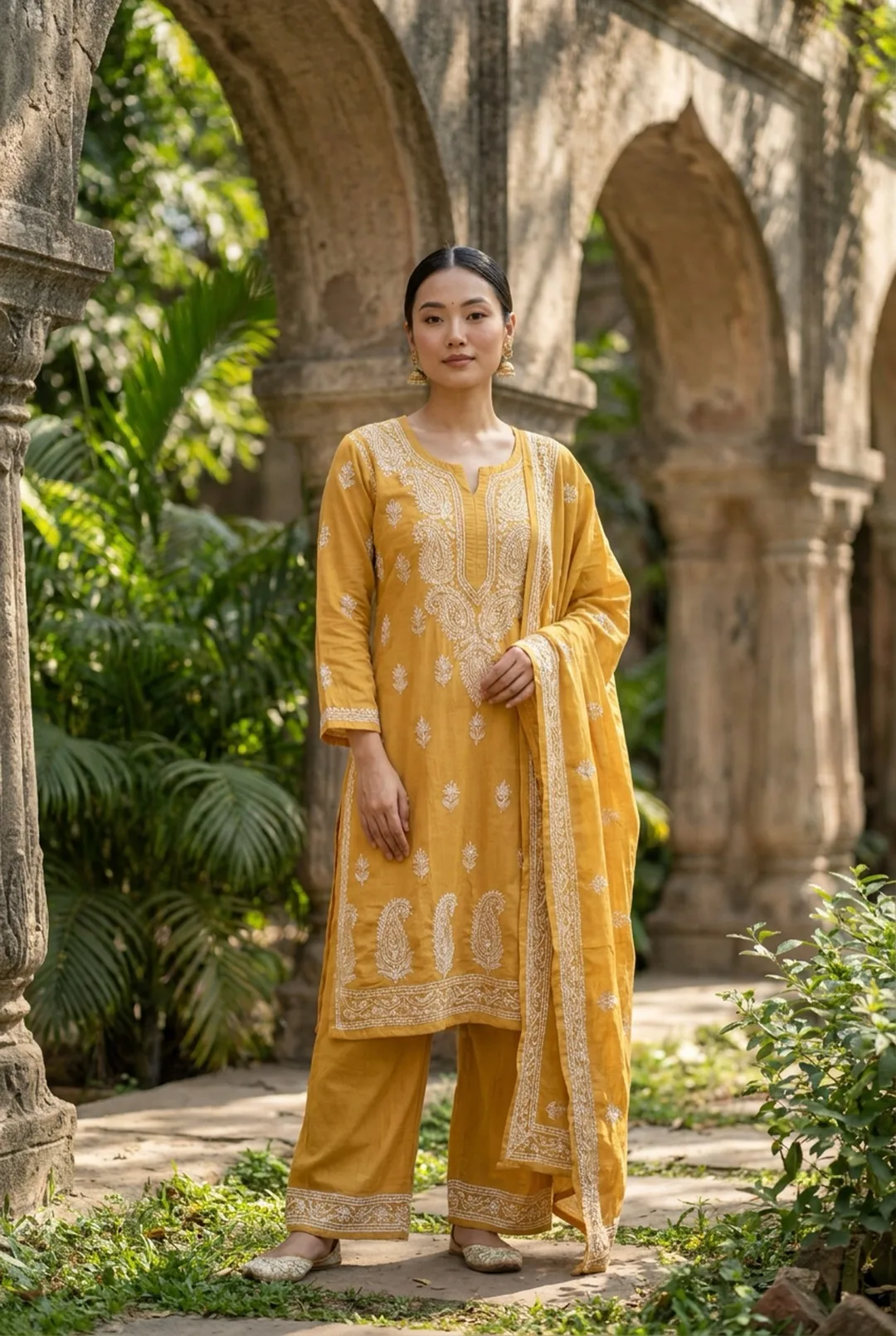 Mustard chikankari kurta set with palazzo and dupatta photographed on an AI model by ApparelAI Studio