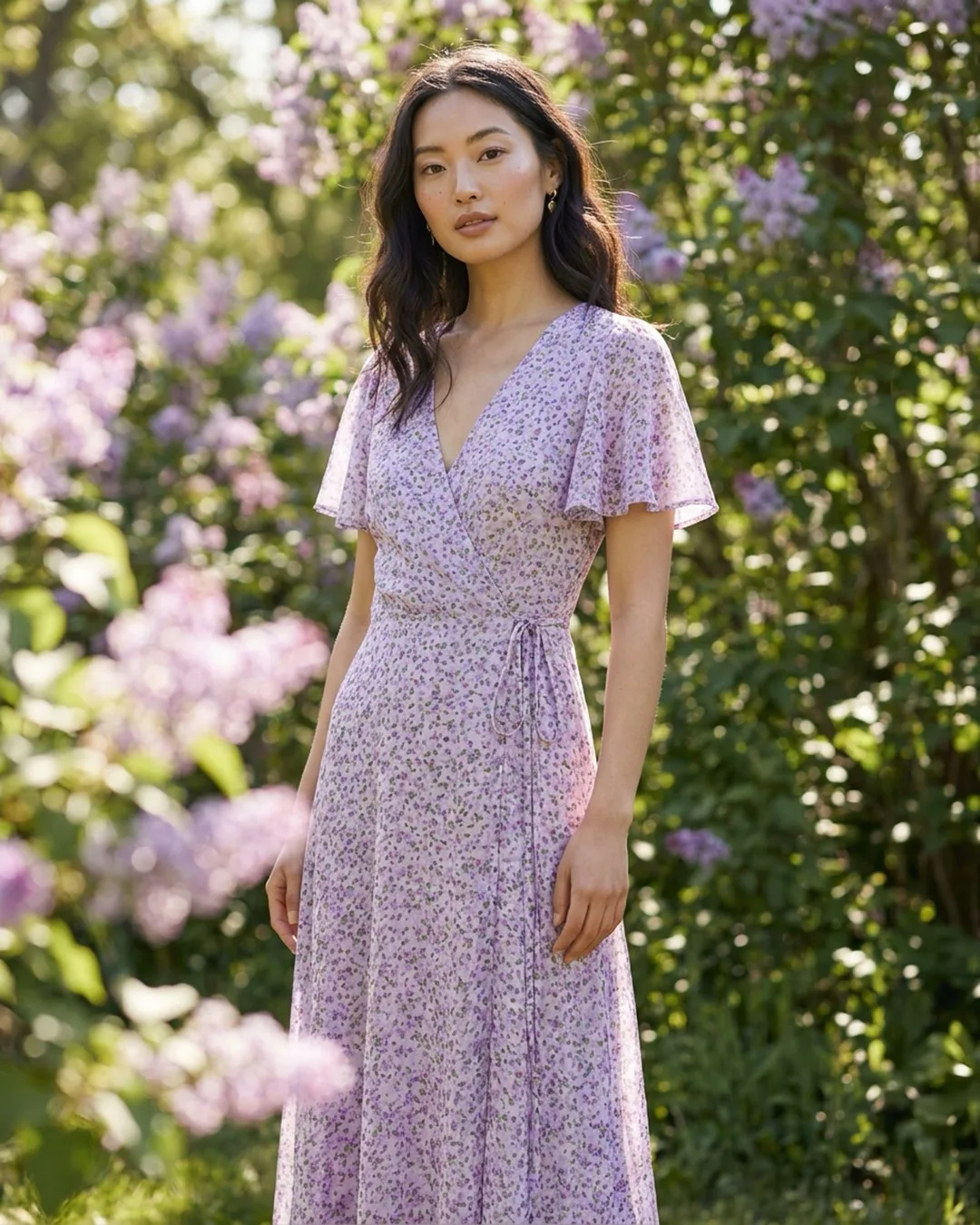 Lilac ditsy-floral chiffon wrap midi dress photographed on an AI model by ApparelAI Studio