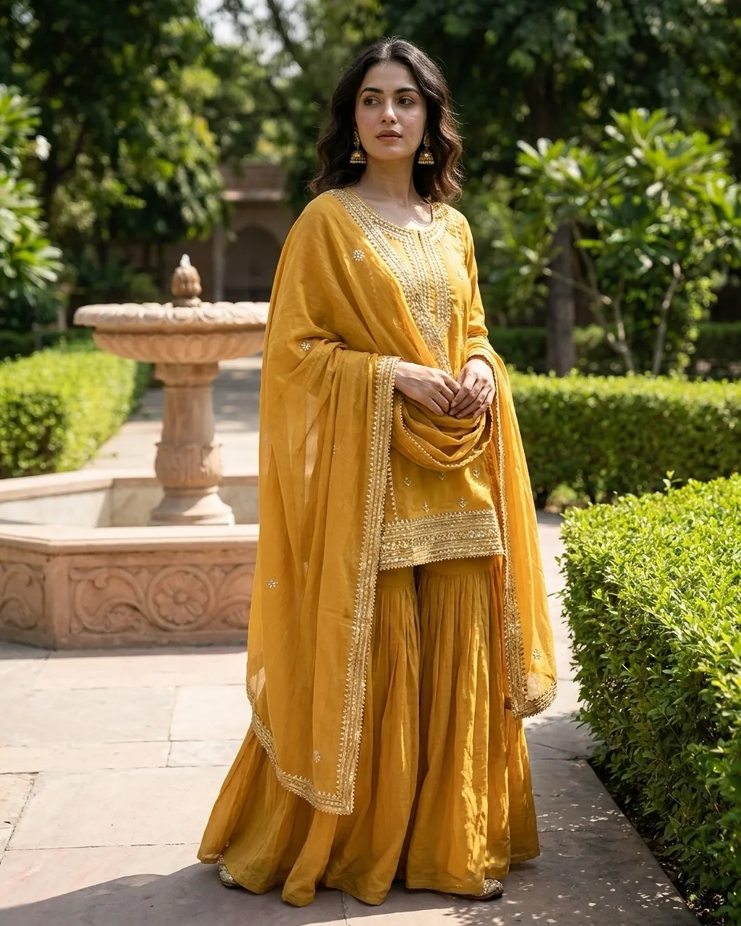 Marigold sharara set with gota-work dupatta photographed on an AI model by ApparelAI Studio
