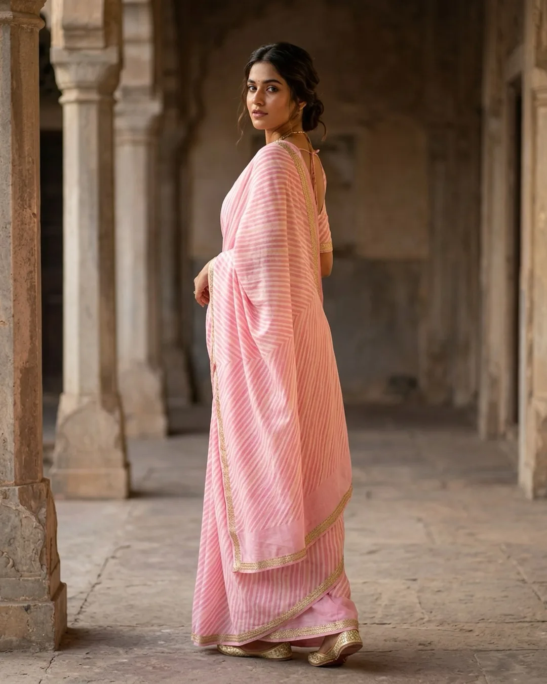 Pink leheriya chiffon saree with gold gota border photographed on an AI model by ApparelAI Studio