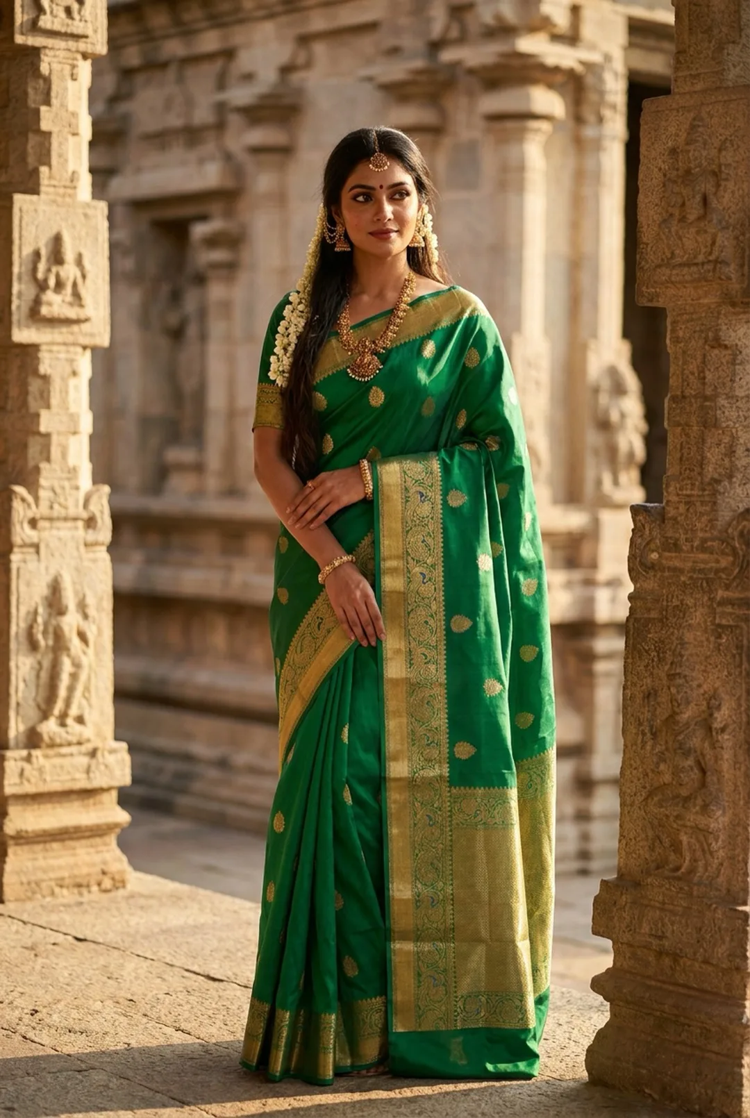 Emerald Kanjeevaram silk saree with gold zari border photographed on an AI model by ApparelAI Studio