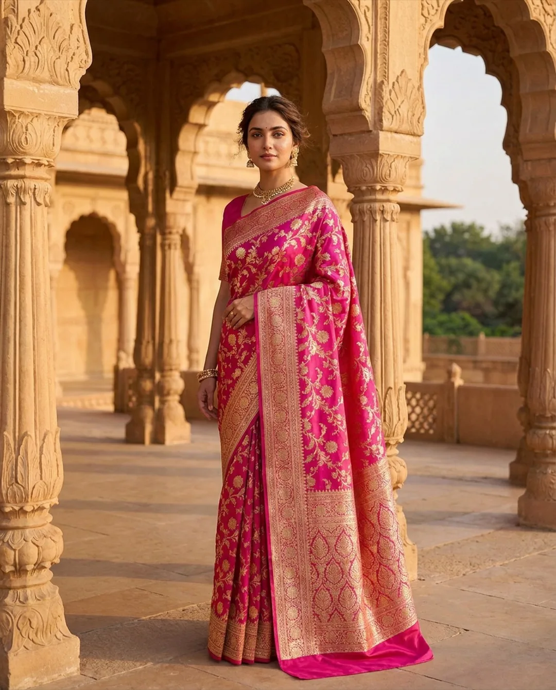 Rani pink Banarasi saree with gold floral jaal zari photographed on an AI model by ApparelAI Studio