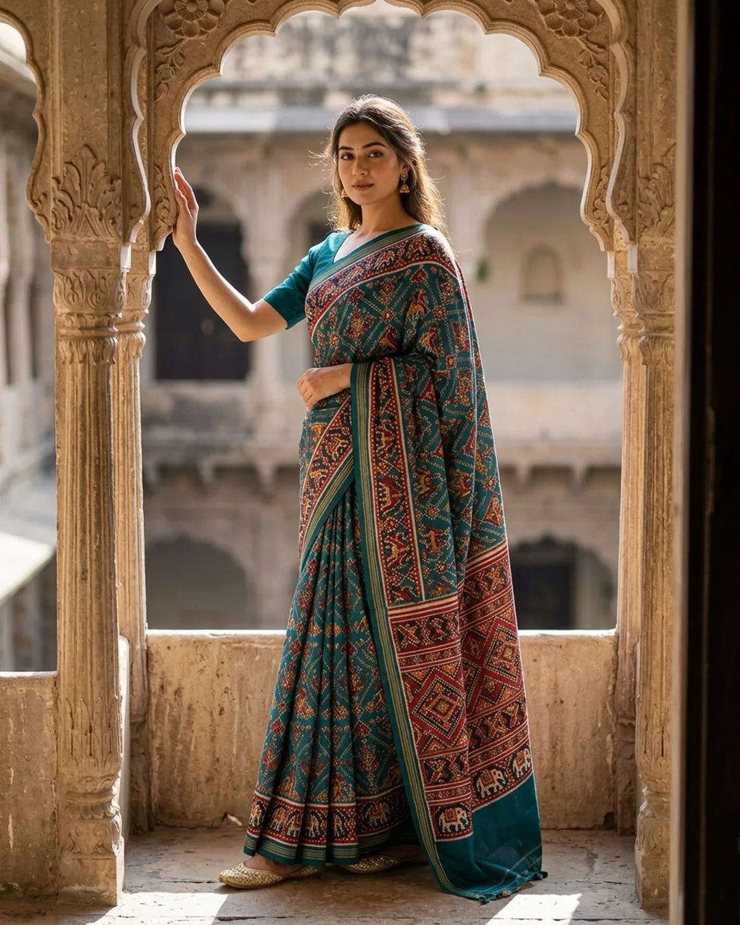 Teal Ajrakh print cotton saree with elephant border photographed on an AI model by ApparelAI Studio
