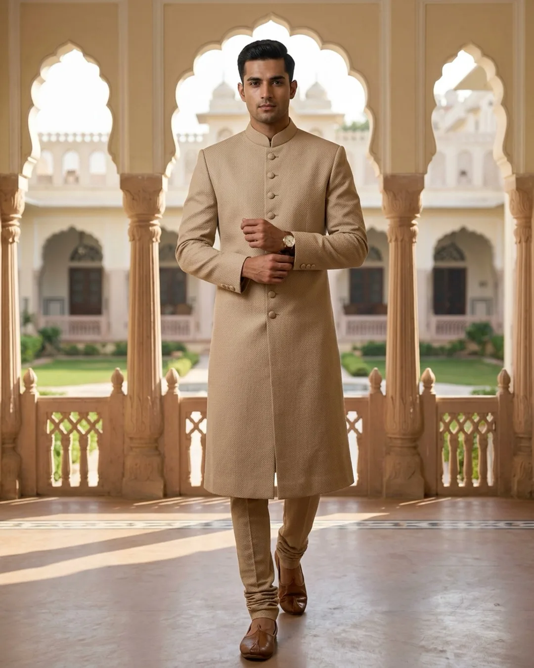 Beige textured sherwani with churidar photographed on an AI model by ApparelAI Studio