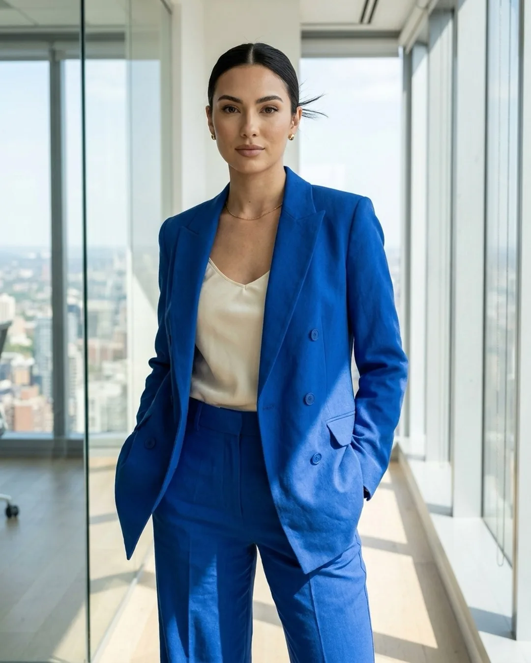 Cobalt double-breasted blazer suit with silk cami photographed on an AI model by ApparelAI Studio