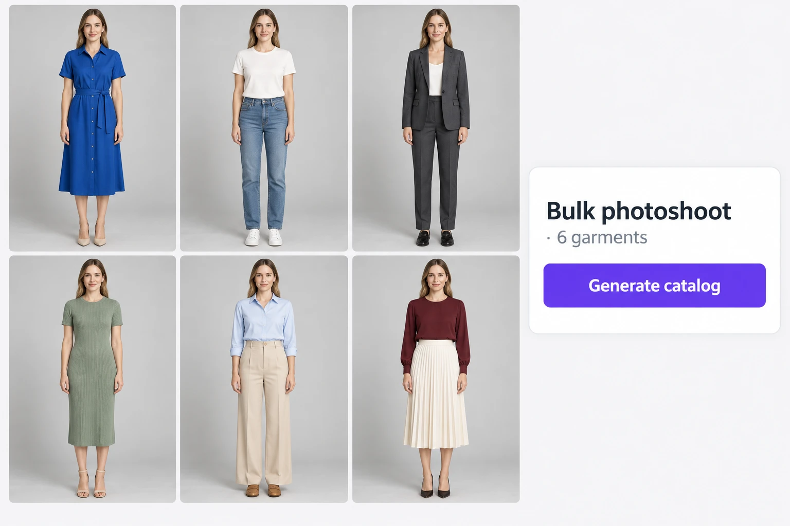 The same model in six catalog outfits - a blue shirt dress, tee and jeans, grey trouser suit, sage knit dress, blue shirt with beige trousers, and burgundy blouse with pleated skirt - beside a Bulk photoshoot panel for 6 garments