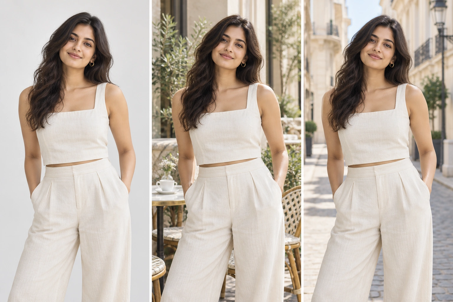 The same model and ivory outfit in a studio, at a cafe, and on a city street