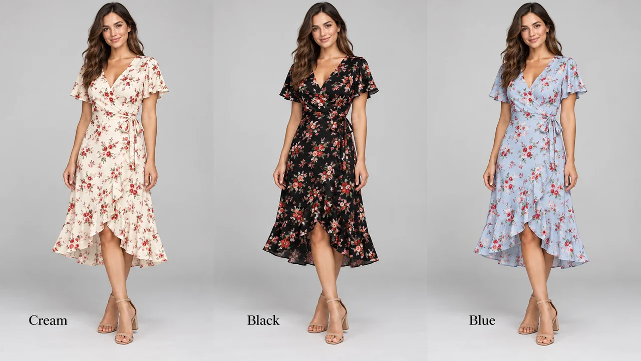 The same floral midi dress on an AI model in cream, black and blue colorways