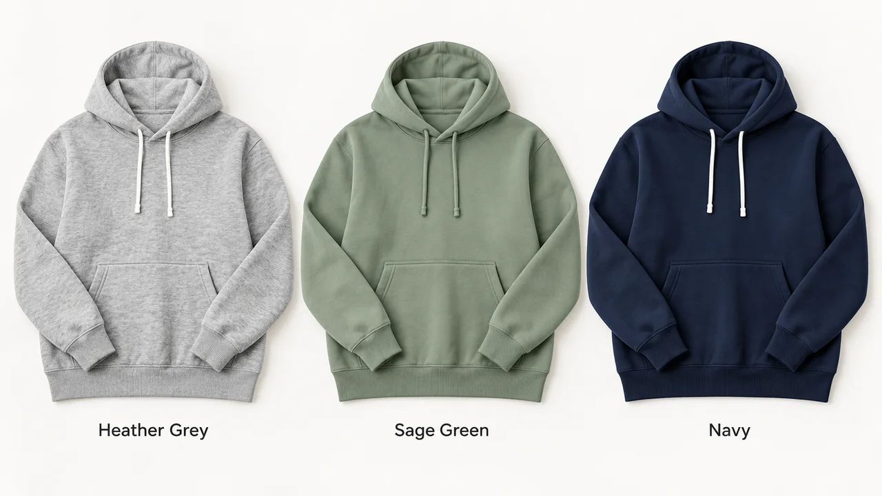 The same hoodie in three colorways: heather grey, sage green and navy