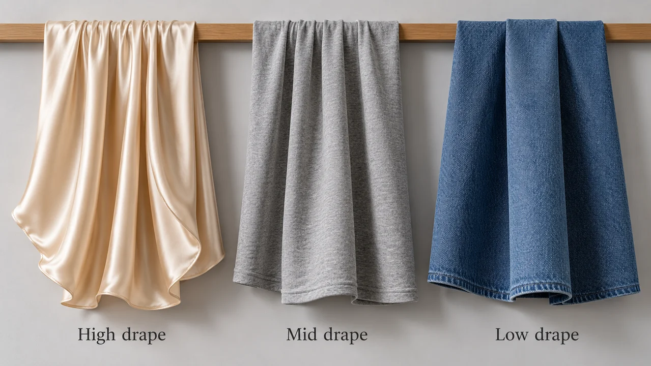 Three fabrics hanging side by side showing high drape silk, mid drape cotton jersey and low drape denim
