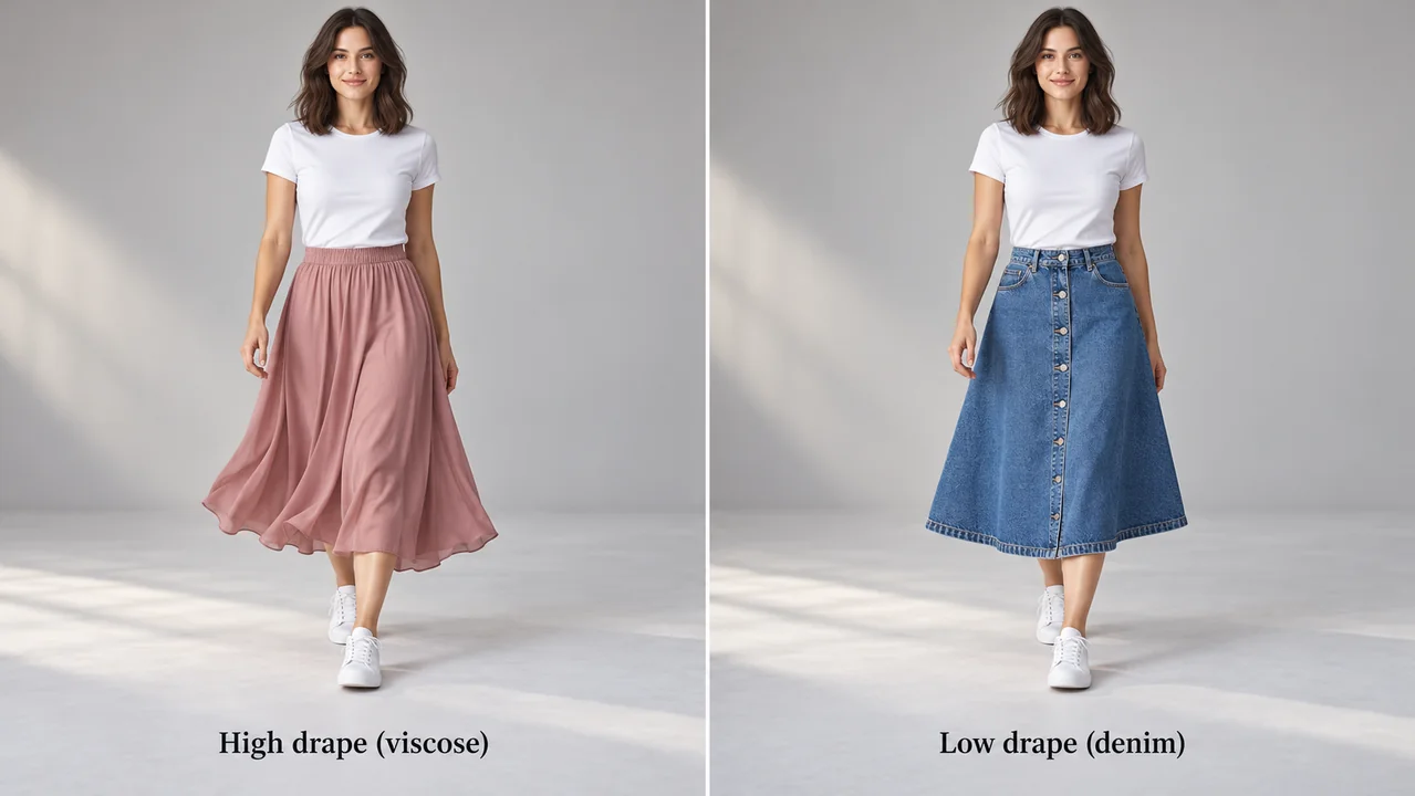 A flowing viscose midi skirt and a structured denim midi skirt on AI models, showing high and low drape