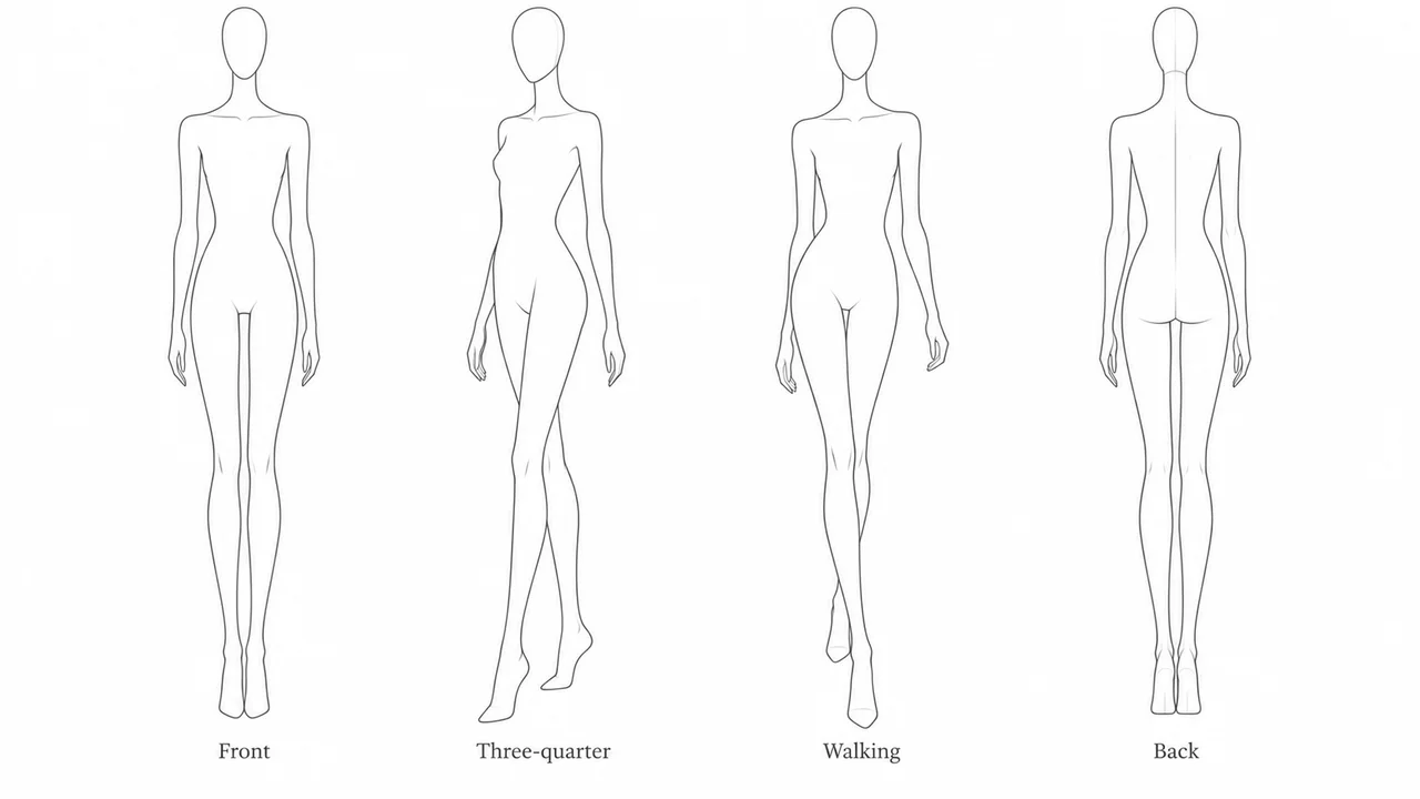 Four fashion croquis figures in front, three-quarter, walking and back poses