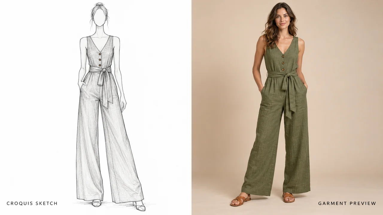 A jumpsuit design sketched on a fashion croquis next to the same jumpsuit as a realistic garment on a model