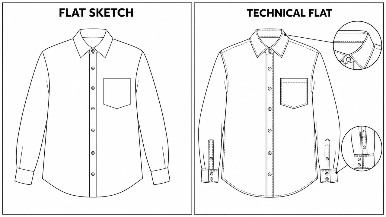 A simple flat sketch of a shirt next to a detailed technical flat of the same shirt with stitching and close-up details
