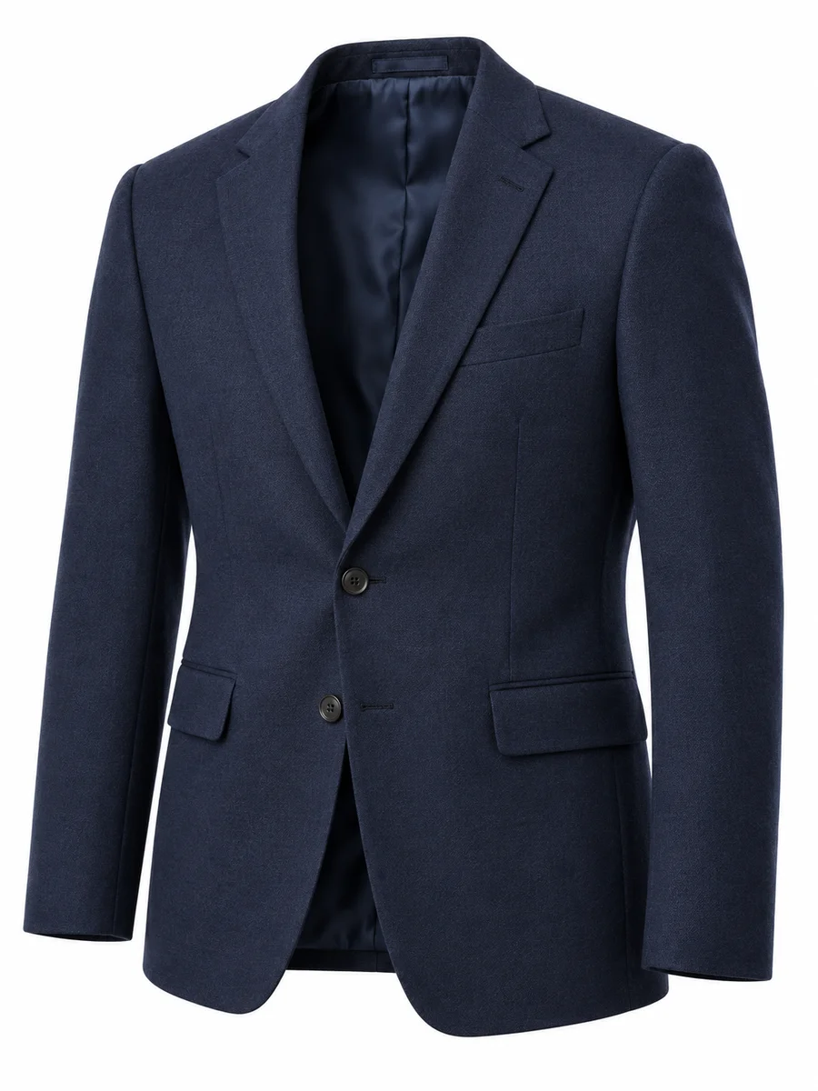 Ghost mannequin effect on a navy blazer, with the inside collar and back visible