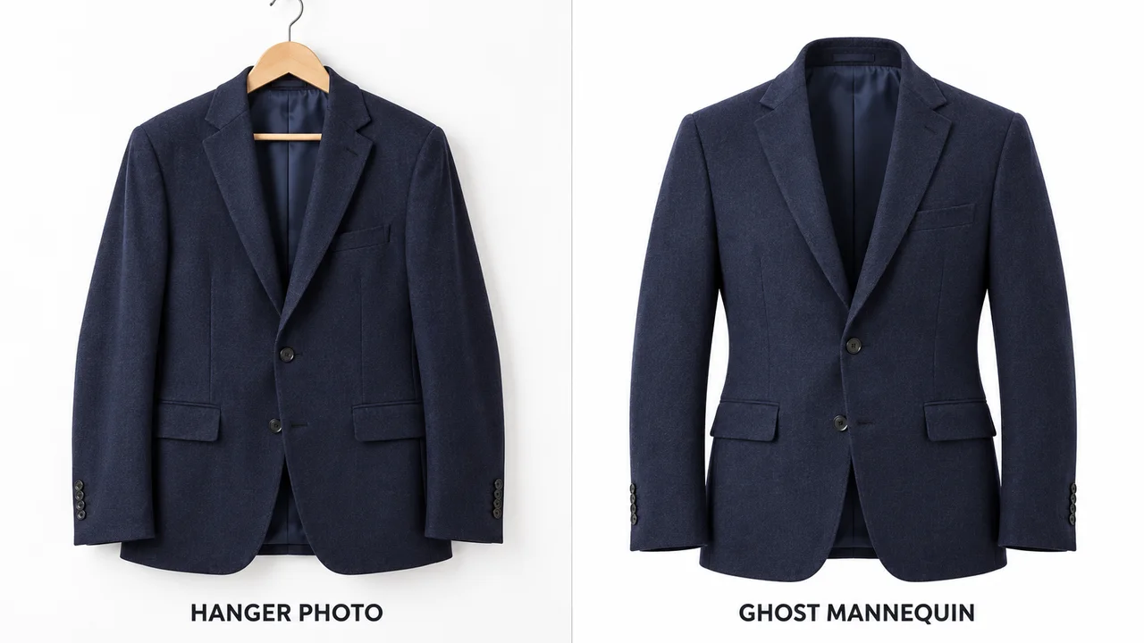 A navy blazer on a hanger next to the same blazer with the ghost mannequin effect