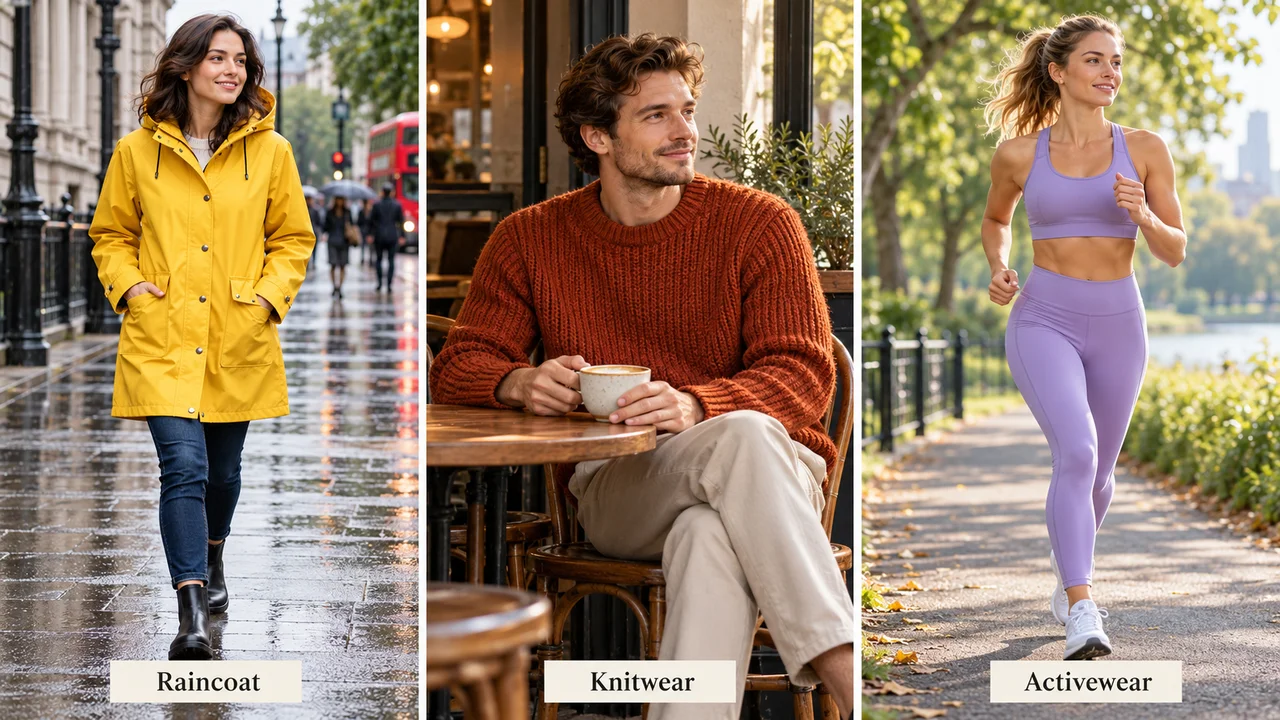 Three lifestyle clothing photos: a yellow raincoat on a rainy street, a knit sweater in a café and activewear in a park