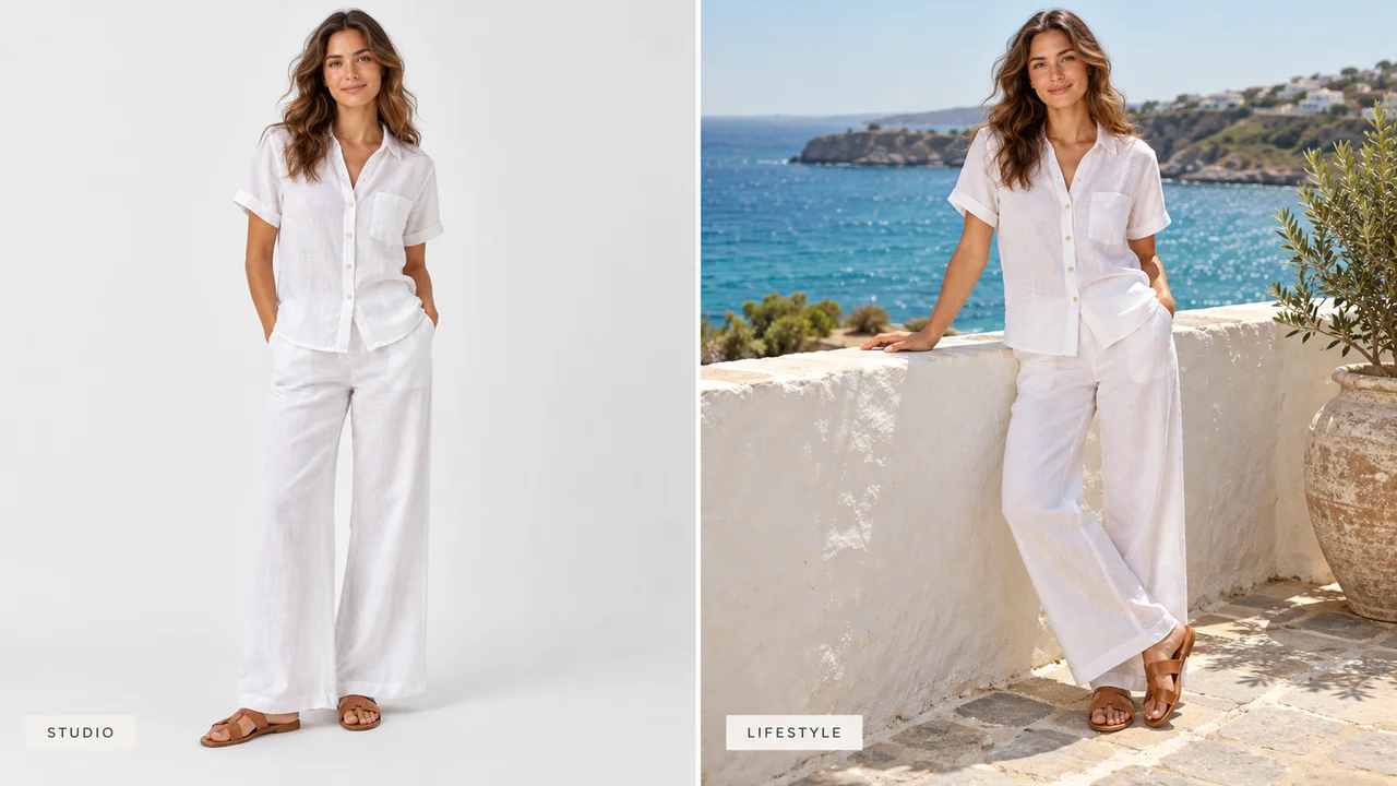 The same white linen set as a studio product photo and as a lifestyle photo on a sunny terrace