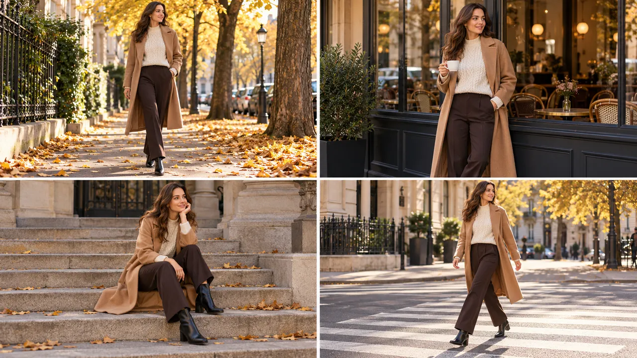 Fashion lookbook with four autumn looks on the same model on city streets