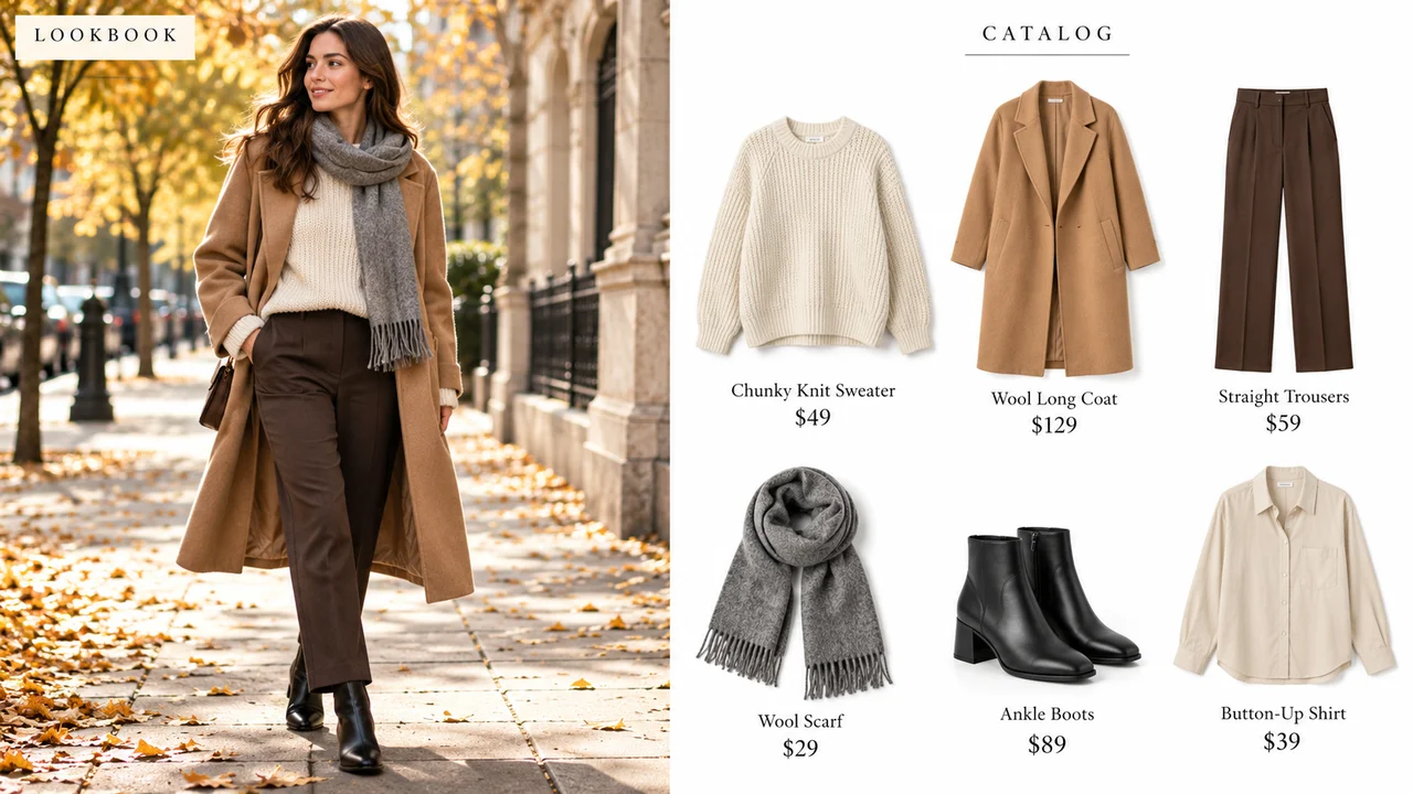 Left: a styled lookbook photo of a model in a city street. Right: a catalog page with products on a white background and prices