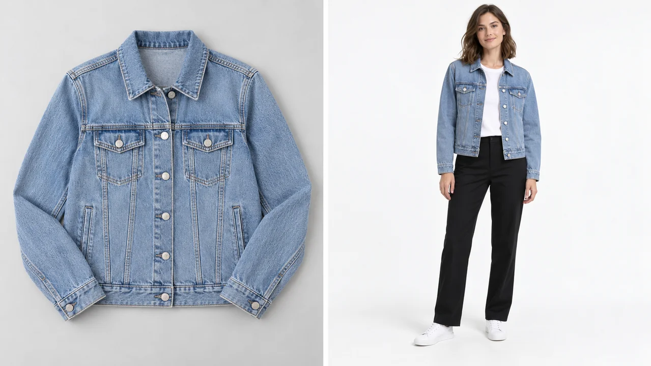 Flat lay of a blue denim jacket next to the same jacket on an AI model